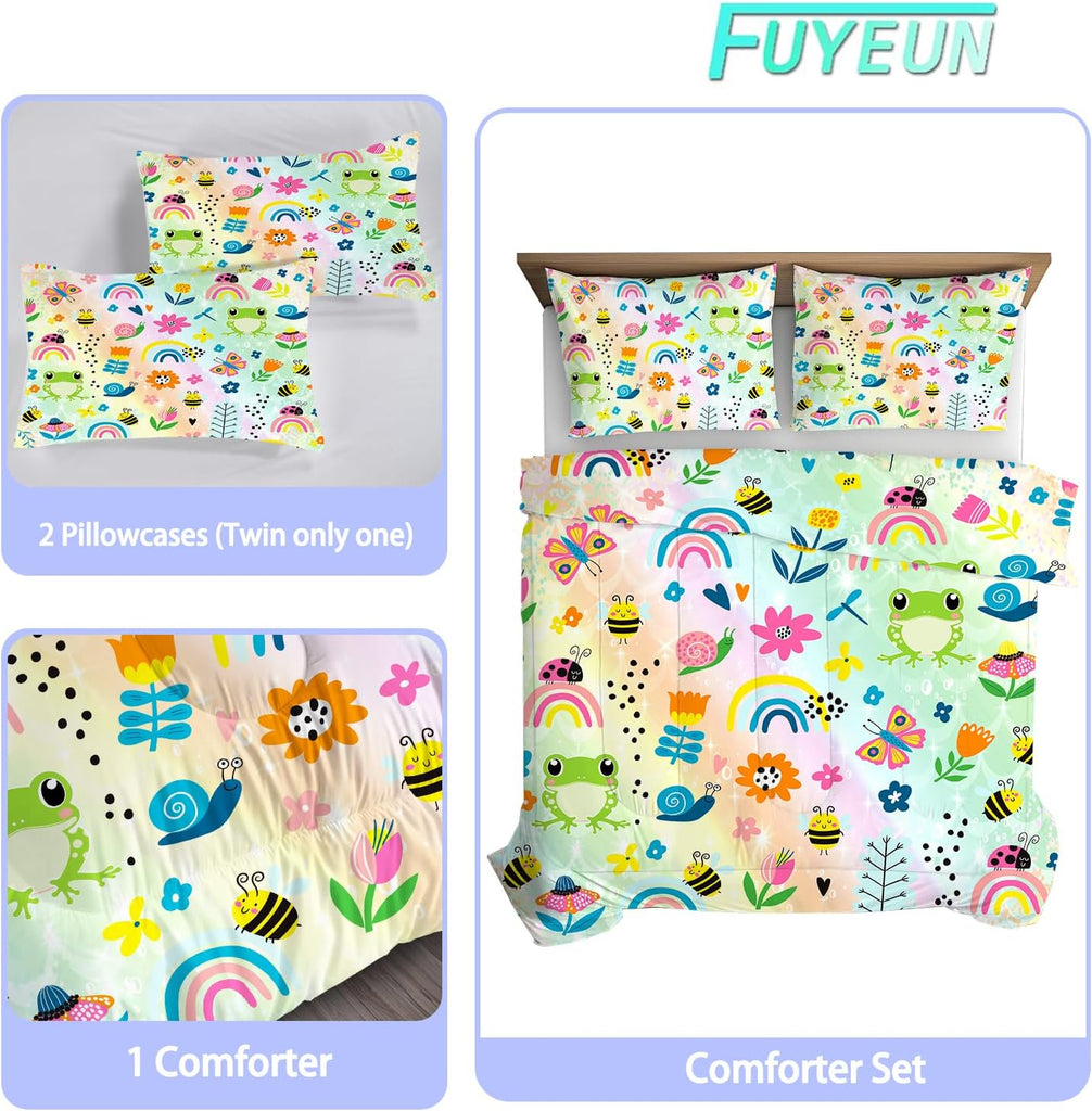 Rainbow Comforter Sets Twin Cartoon Floral Frogs Bedding Set for Girls Kids Children Boys Butterfly Flowers Bees