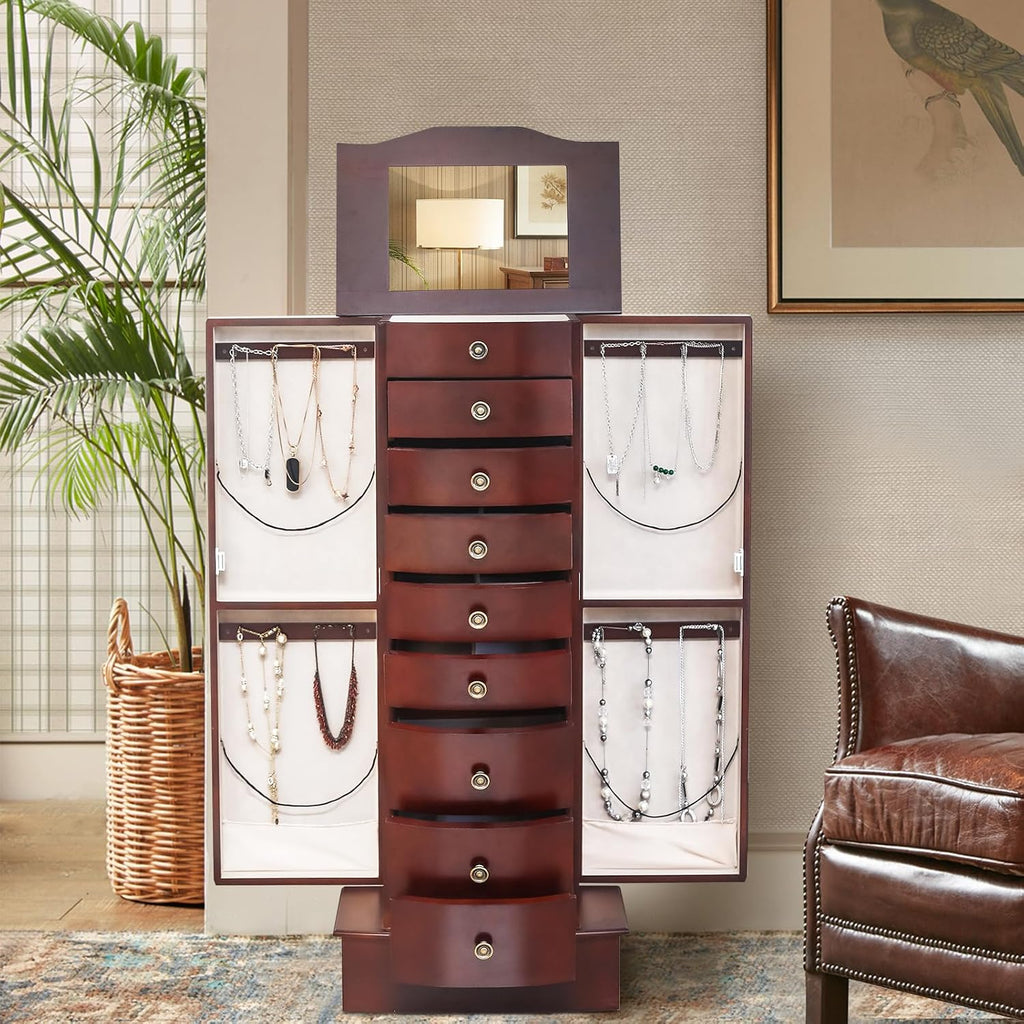 8 Drawers Jewelry Armoire, Standing Jewelry Box with Top Flip Makeup Mirror, Wood Jewelry Cabinet with Side Swing