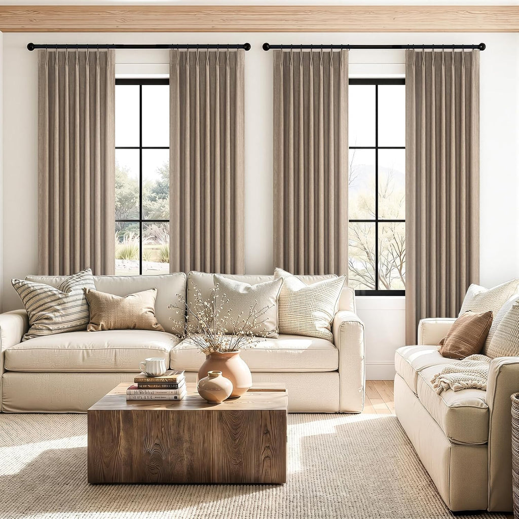 Dark Flax 90 Inches Long Linen Curtains,Full Blackout Pinch Pleated Thermal Insulated Soundproof Curtains,Dark Flax