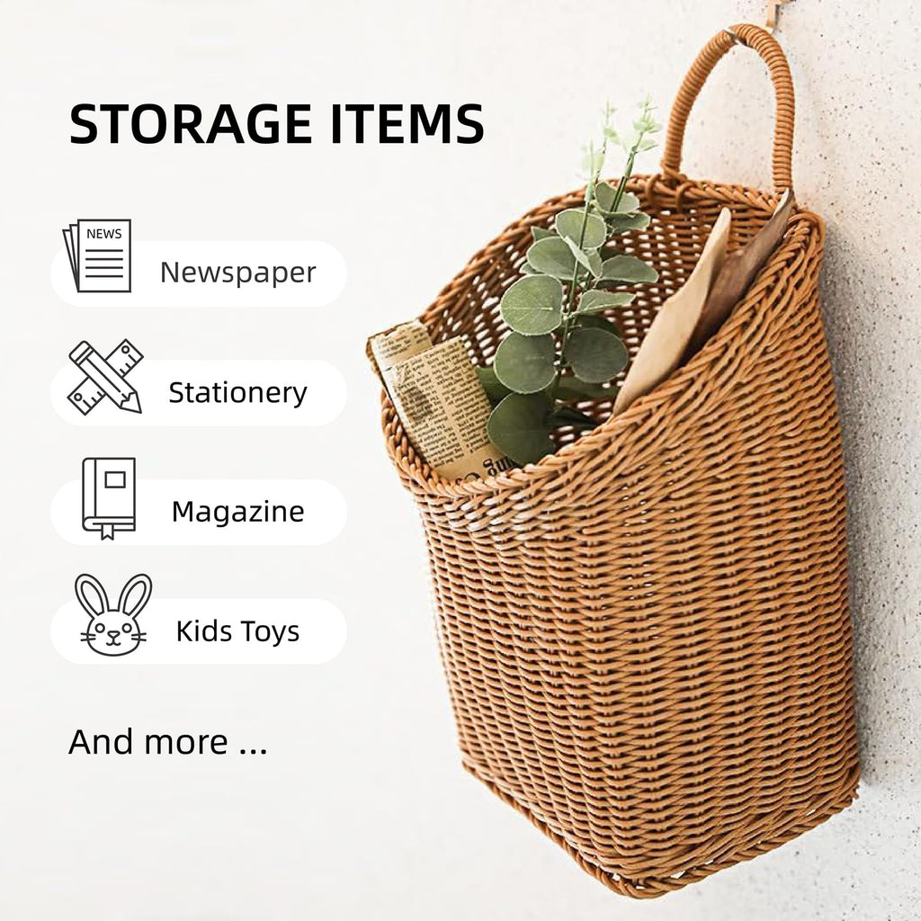 Woven Hanging Wicker Basket for Door, Rattan Hanging Wall Baskets for Garden Farmhouse Home (Brown)