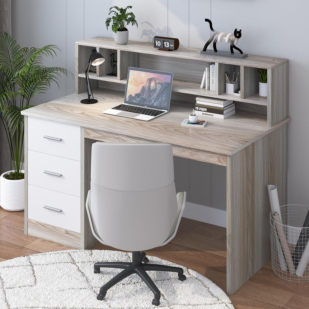 Home Office Desk with Drawers, 46" Small Desk, Computer Desk with Hutch and Drawers, Study Desk with Storage