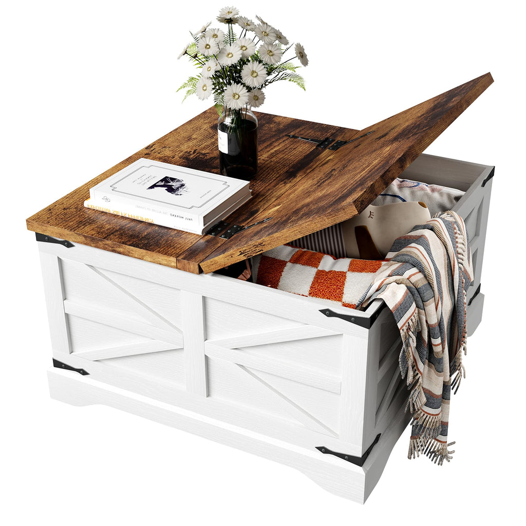 Farmhouse Coffee Table with Storage, Square Coffee Tables, Rustic Wood Center Table with Hinged Lifting Tabletop
