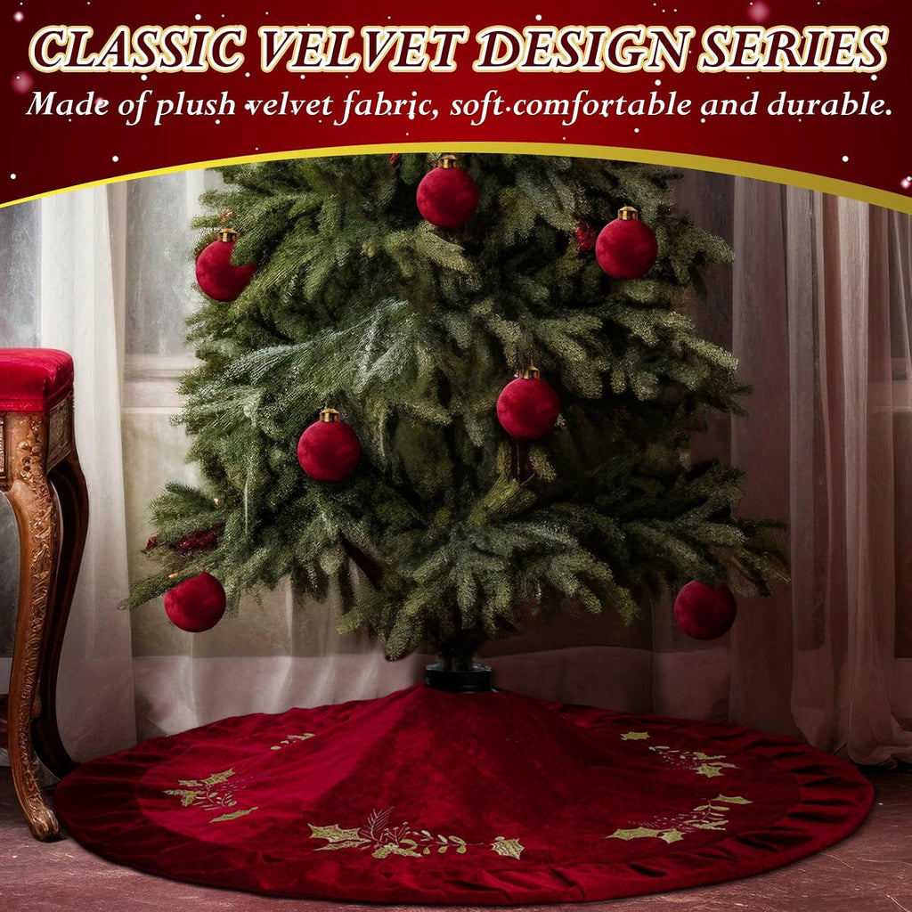 Christmas Tree Skirt, 48 Inches, Gold Embroidered Holly Style, Red