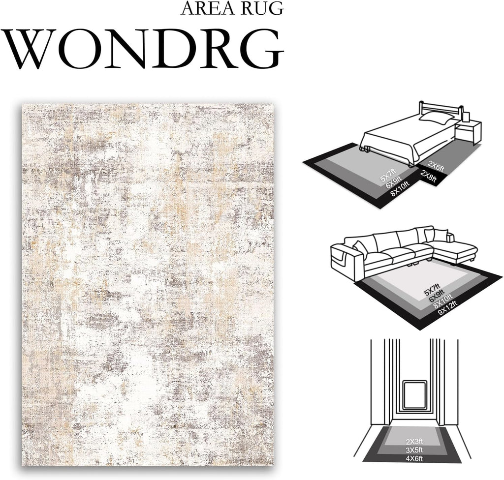 8x10 Washable Area Rug Beige Grey Abstract Non Slip Soft Low Pile Rug for Living Room Bedroom Dining Room Office