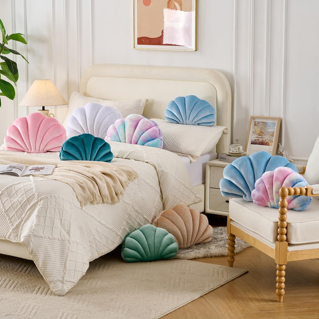 Seashell Throw Pillows, Blue Shell Shaped Pillow, Velvet, 14 Inch
