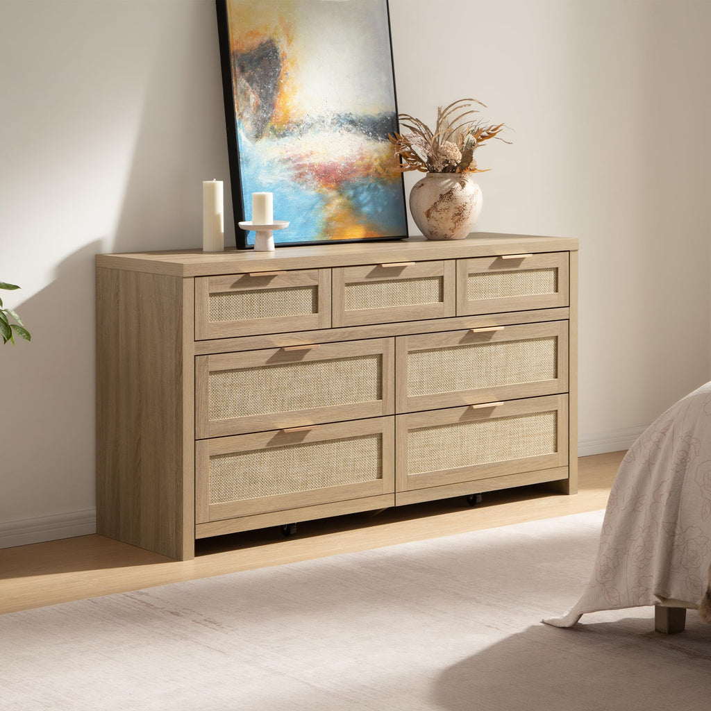 7 Drawer Rattan Dresser, 57" Wide Dresser