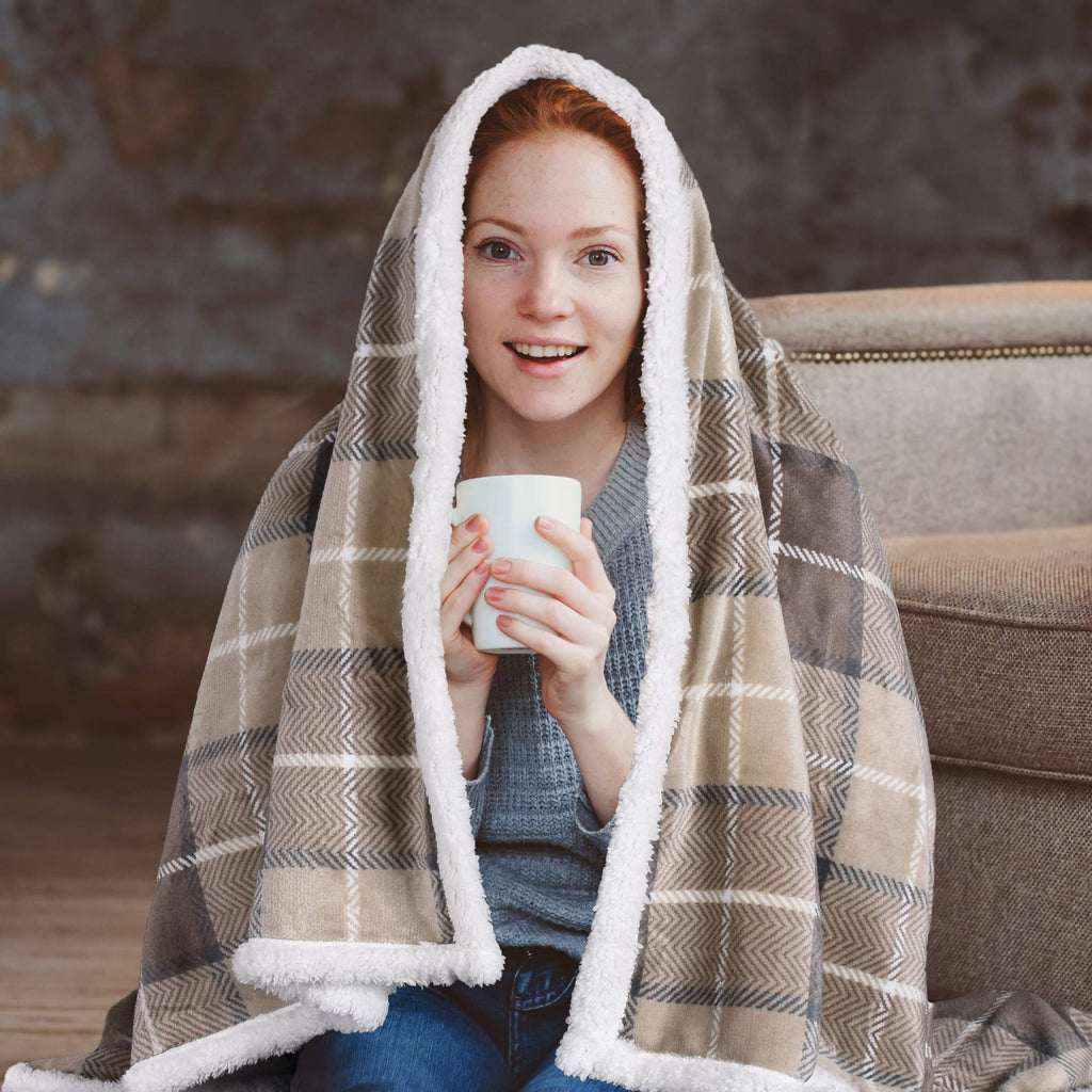 Beige Buffalo Plaid Decorative Throw TV Sherpa Blanket 50" x 60"