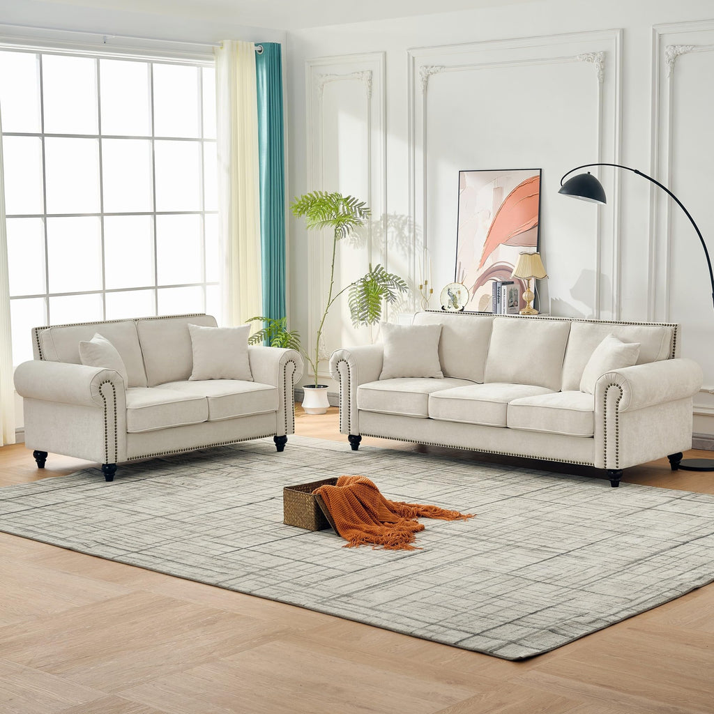 63.5" Chesterfield Loveseat Sofa with Rolled Arms, Chenille Upholstered 2-Seater Couch with Wood Legs and Nailhead