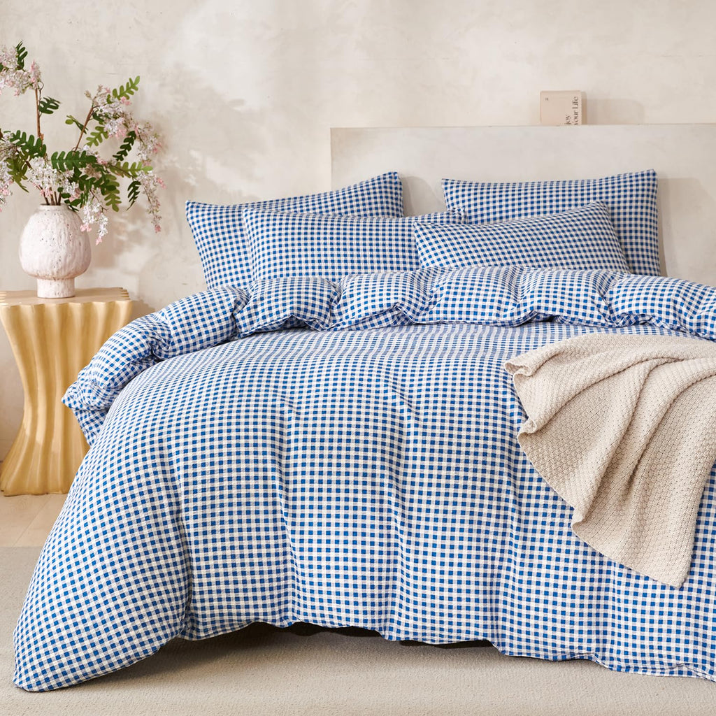 Duvet Cover Set Grid Blue 100% Soft Washed Microfiber Jacquard 3 Pieces Grid Bedding Sets Blue White Duvet
