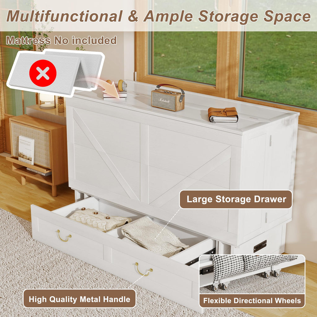 Solid Wood Murphy Bed Cabinet:Queen Size Murphy Bed with USB Charging Station and Large Storage Drawer, Optimize