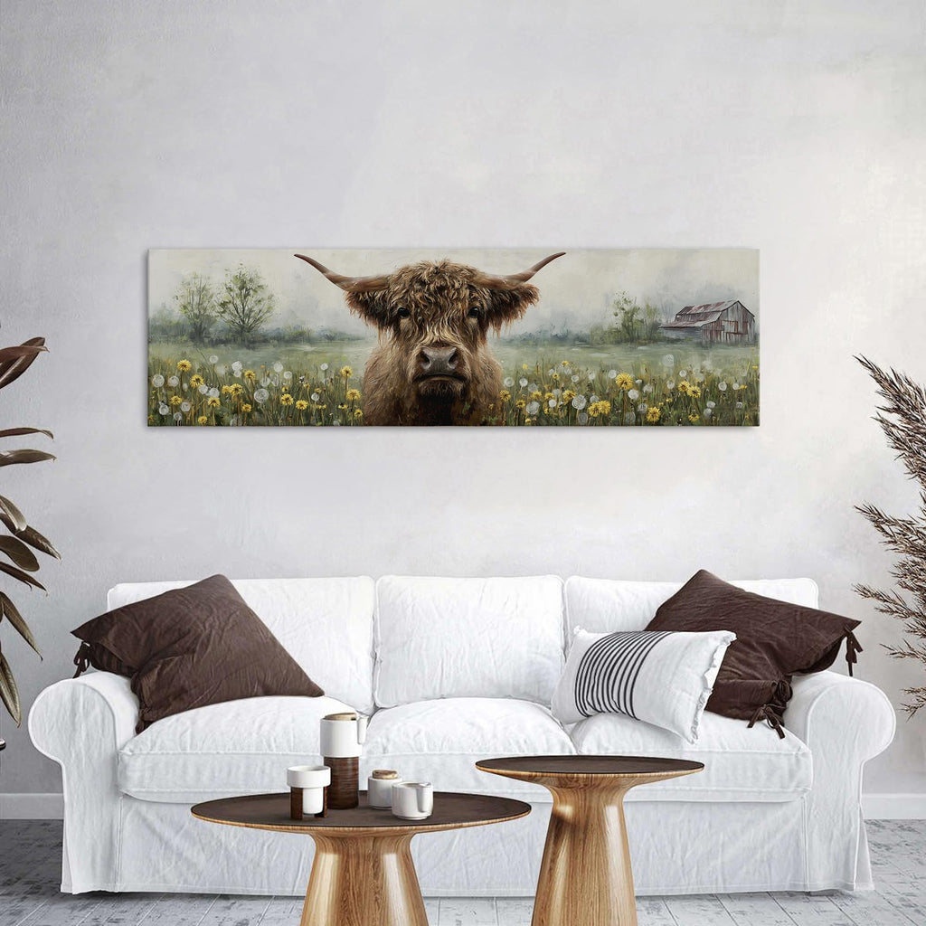 Farmhouse Highland Cow Wall Art Abstract Country Dandelion Picture Barn Longhorn Cattle Wall Decor Western Flower