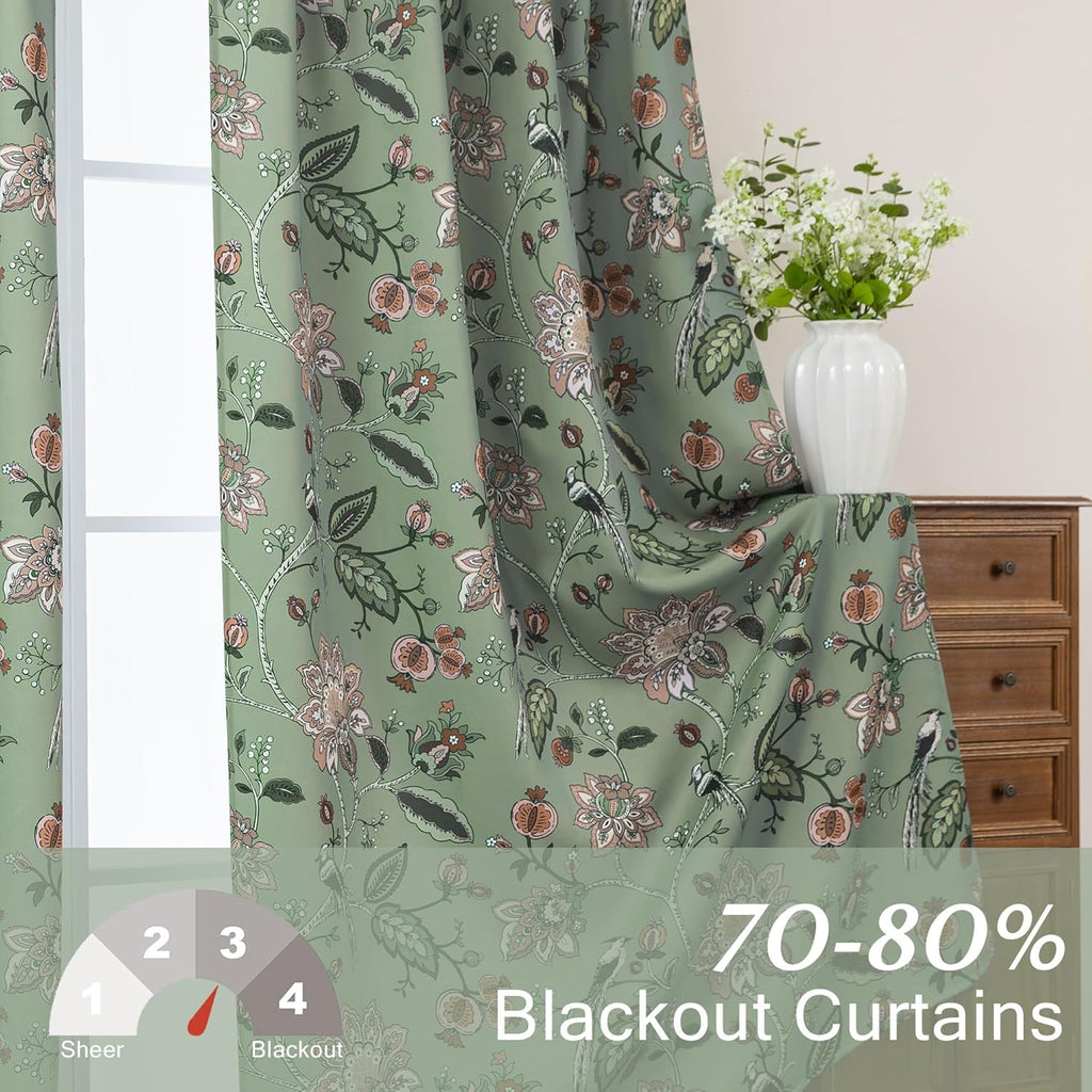 Green and White Curtains 96 Inches Long 2 Panel Set for Bay Window,70% Blackout Eclectic Art Nouveau Print Floral