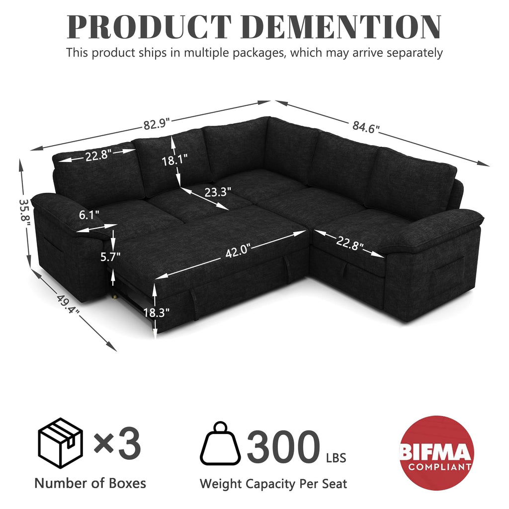 85'' Modular Sectional Sofa with Pull Out Bed, Sleeper Sofa, Black