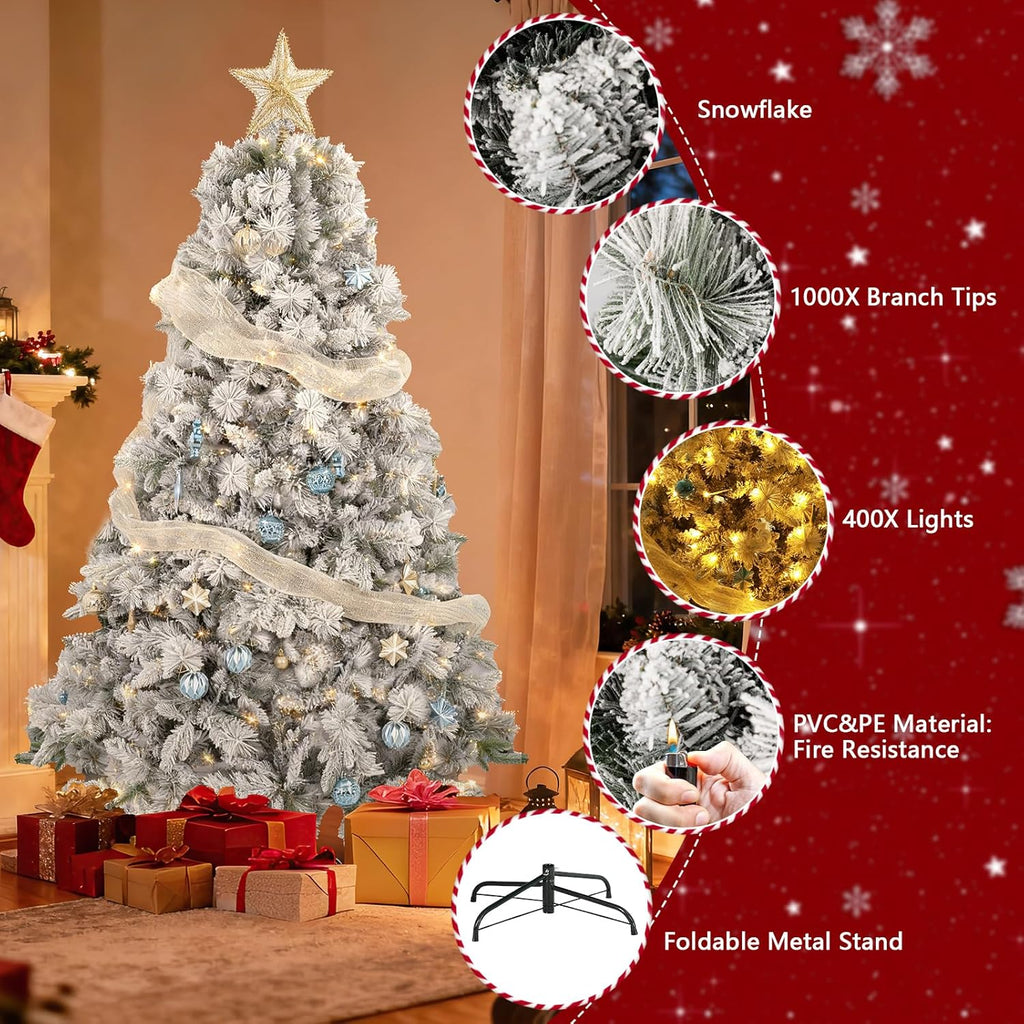 7ft Snow-Flocked Artificial Christmas Tree, LED pre-lit Holiday Xmas Tree Party Decoration with 1100 PE&PVC Hinged