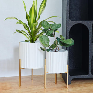 Modern Planter Pots, Set of 2 Round Large Planters with Stand, Decorative Floor Planters, Metal Pots with Drainage