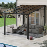 8x10FT Lean to Gazebo, Hardtop Metal Pergola with Polycarbonate Roof, Large Wall Mounted Heavy Duty Awnings