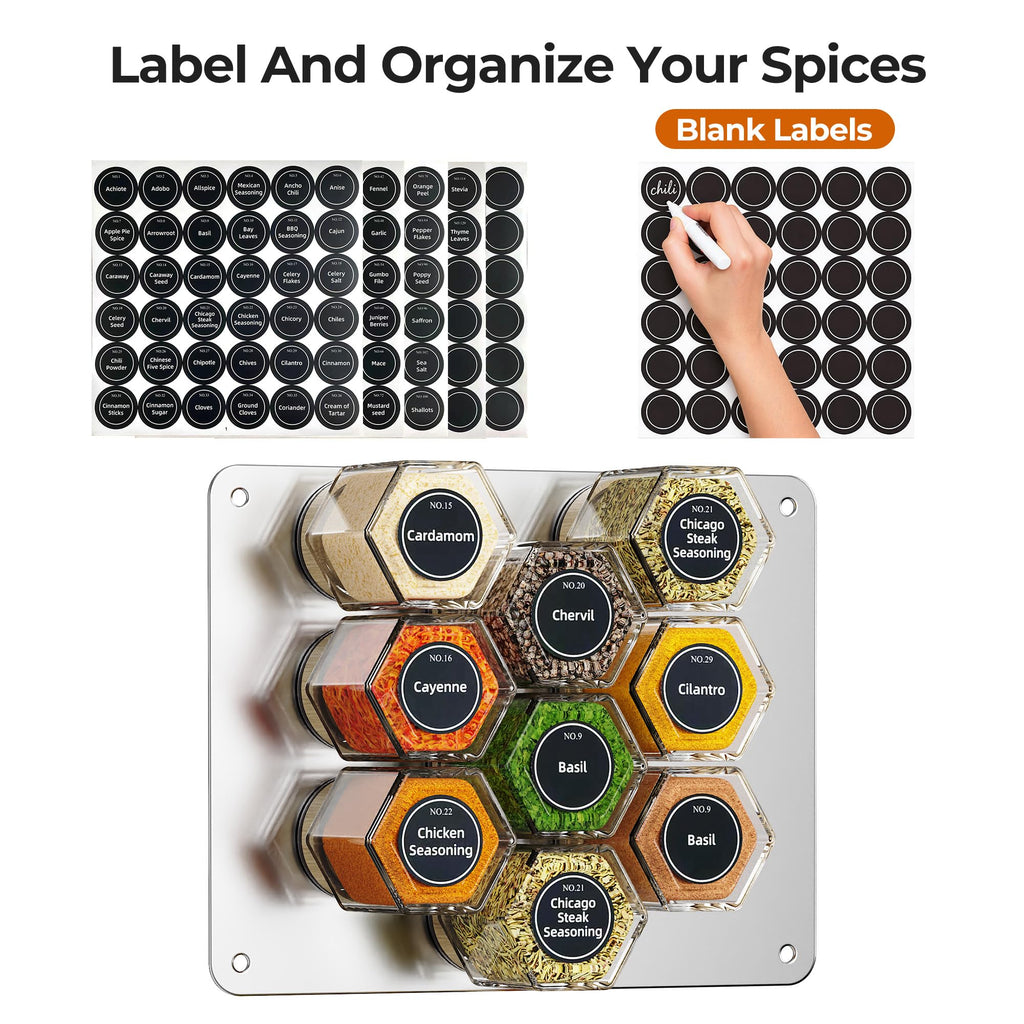 Set of 18 Magnetic Glass Spice Tins with 100 Preprinted Seasoning Label Stickers (Include Black Metal Wall-Plates)