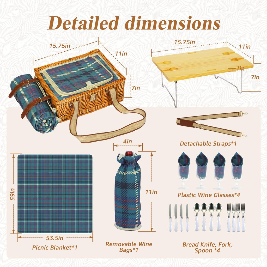 Wicker Picnic Basket for 4 with Folding Table & Waterproof Blanket