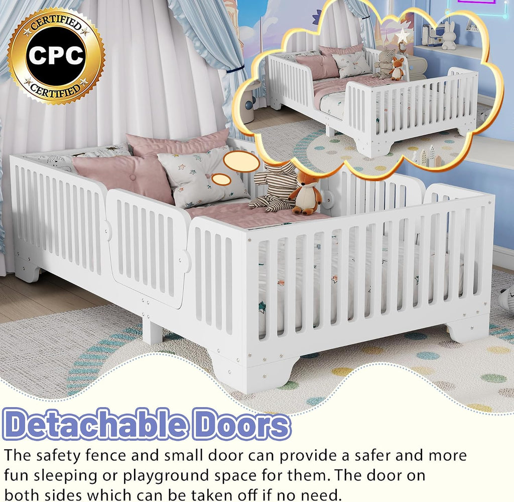 Floor Bed with High Fence Rails, Wooden Montessori Bed Frame with Detachable Door & Slats, Low Profile Beds