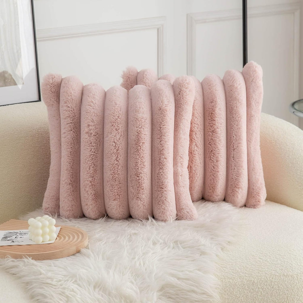 Pink Faux Fur Cozy Soft Striped Decorative Throw Pillow Covers 18x18 inch Set of 2,Velvet Pillowcase Cushion Case