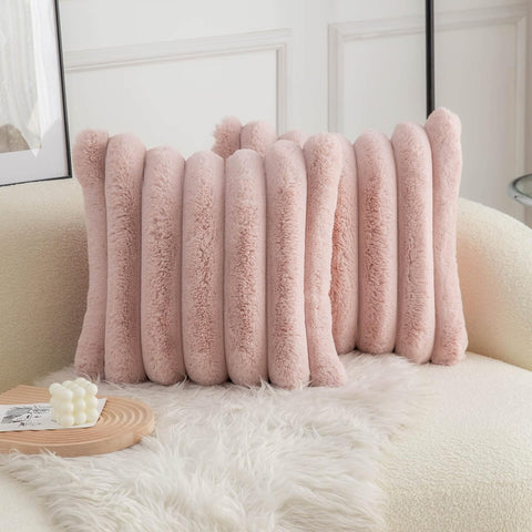 Pink Faux Fur Cozy Soft Striped Decorative Throw Pillow Covers 18x18 inch Set of 2,Velvet Pillowcase Cushion Case