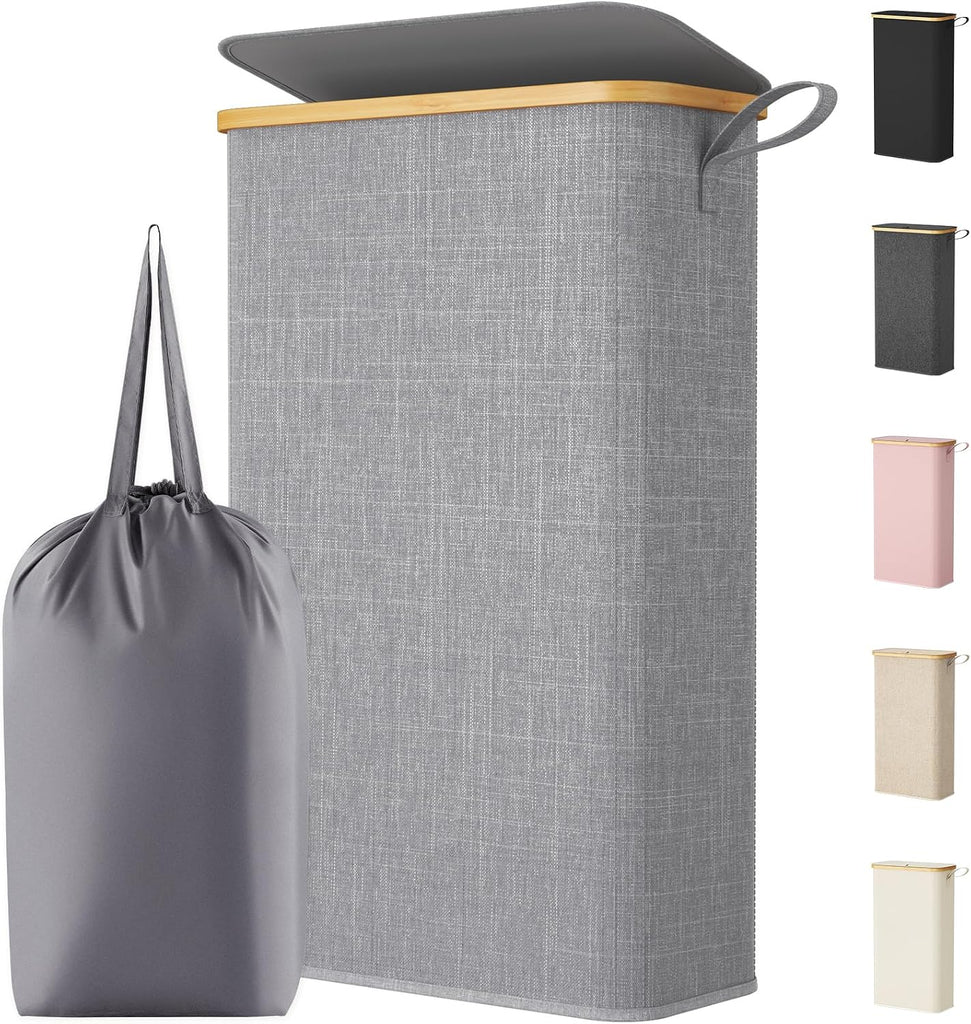 65L Slim Laundry Hamper with Lid, Narrow Laundry Basket with Removable Bag & Bamboo Handles, Fodable Thin Dirty