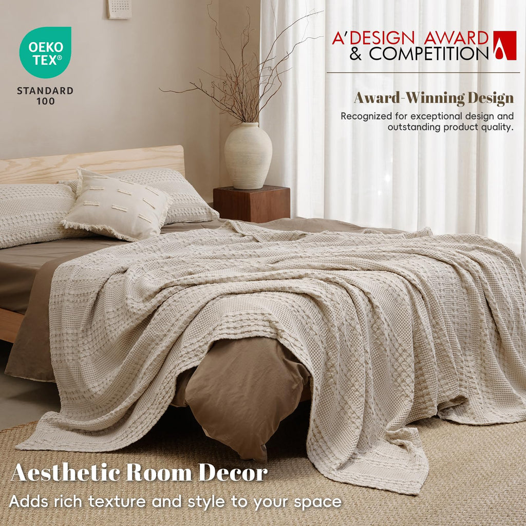 Lightweight 100% Cotton Waffle Blanket for Bed, Light Taupe