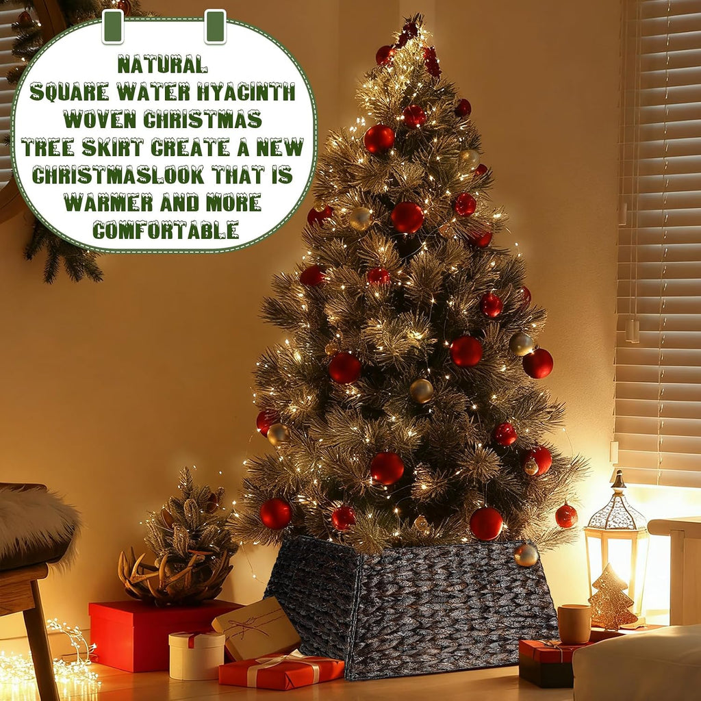 22 Inch Christmas Tree Collar Water Hyacinth Woven Farmhouse Square Base Cover Christmas Tree Basket for Xmas Holiday