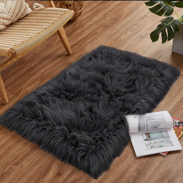 Black Fluffy Faux Fur Rug 2x3 Black Fuzzy Furry Sheepskin Rug Small Carpet Dorm Bathroom Washable Rectangle
