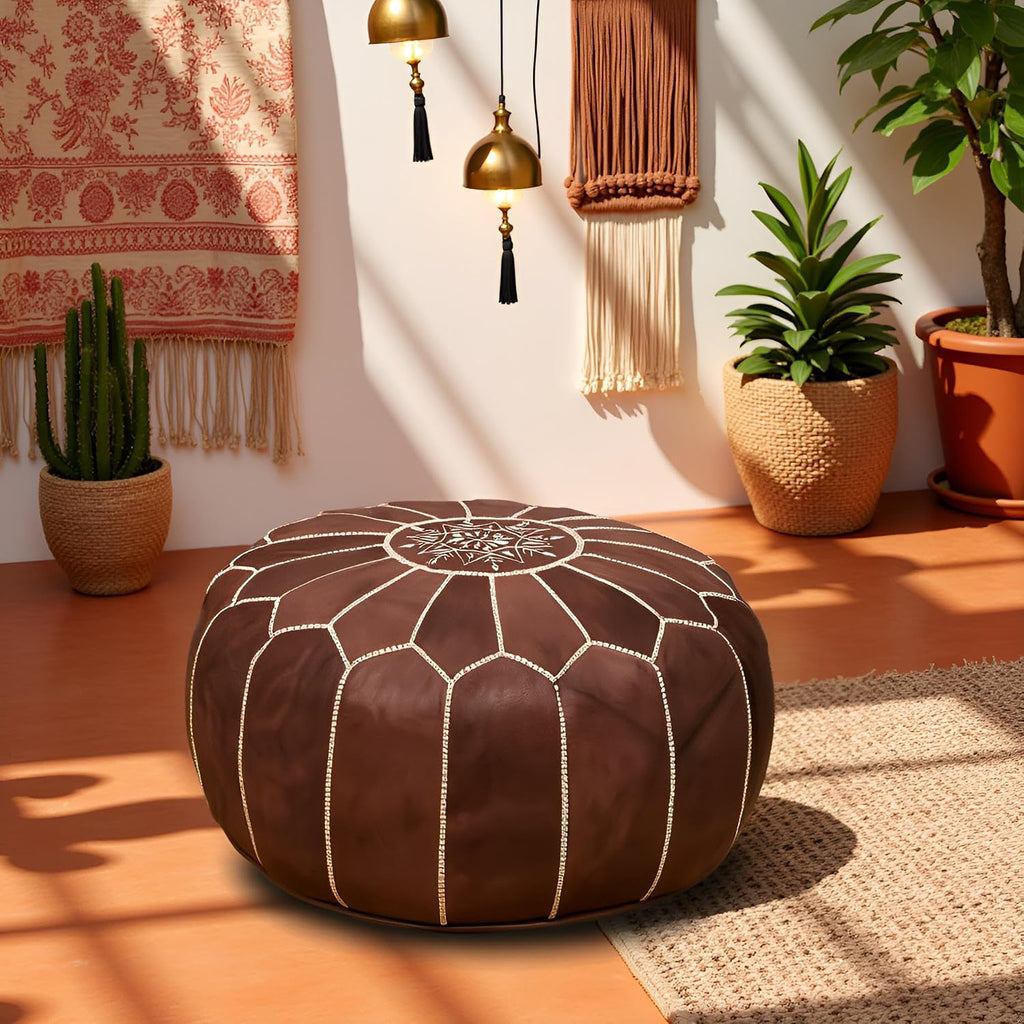 Stuffed Round Design Pouf Ottoman, Pre-Filled, 100% Genuine Leather, 13" Height x 20" Diameter, Footstool & Living