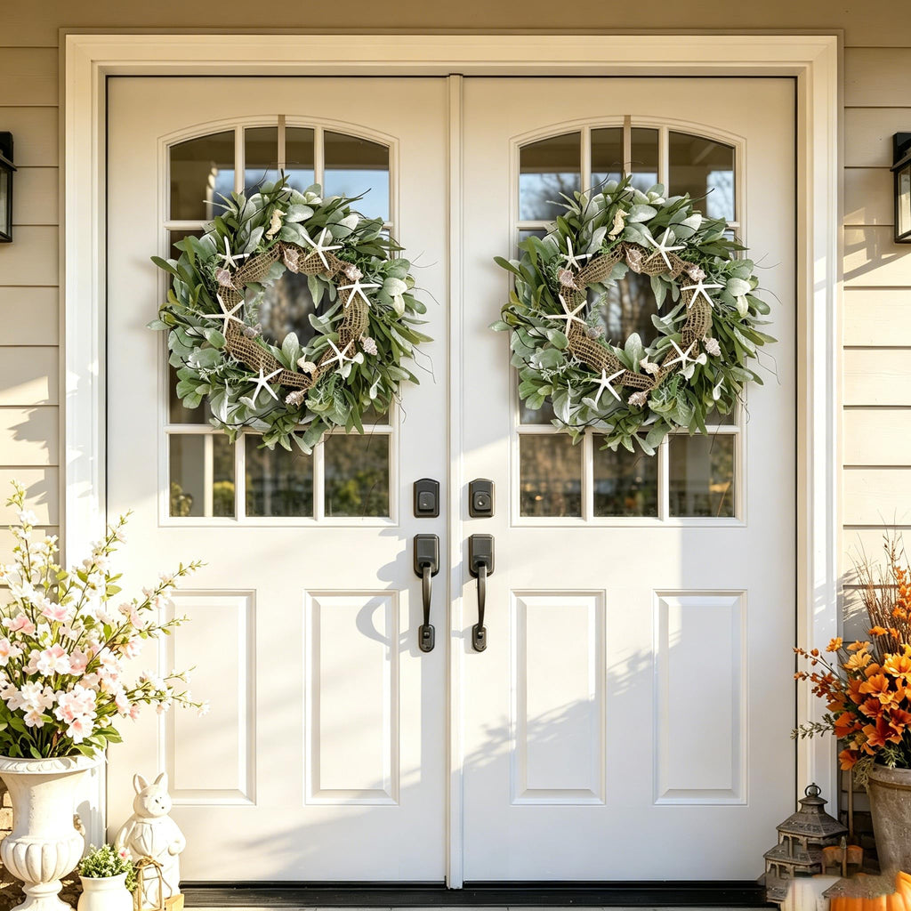CIR OAOSES 18 Inch Green Ear Lambs Leaves Starfish Wreaths for Front Door, Rustic and Farmhouse Spring Summer
