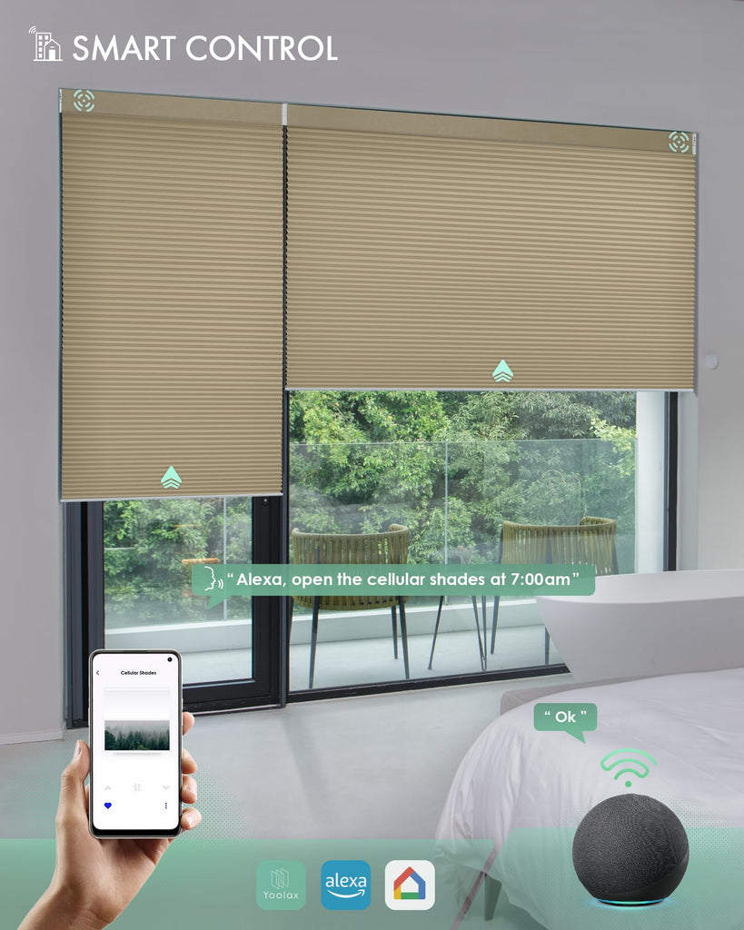 Motorized Cellular Shades, Custom, Blackout, Light Coffee