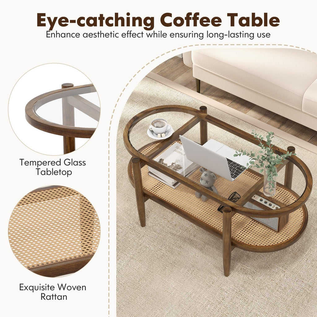 Rattan Coffee Table, 2 Tier Boho Oval Living Room Table w/Glass Tabletop Wood Frame & Storage Shelf, 40''L Mid