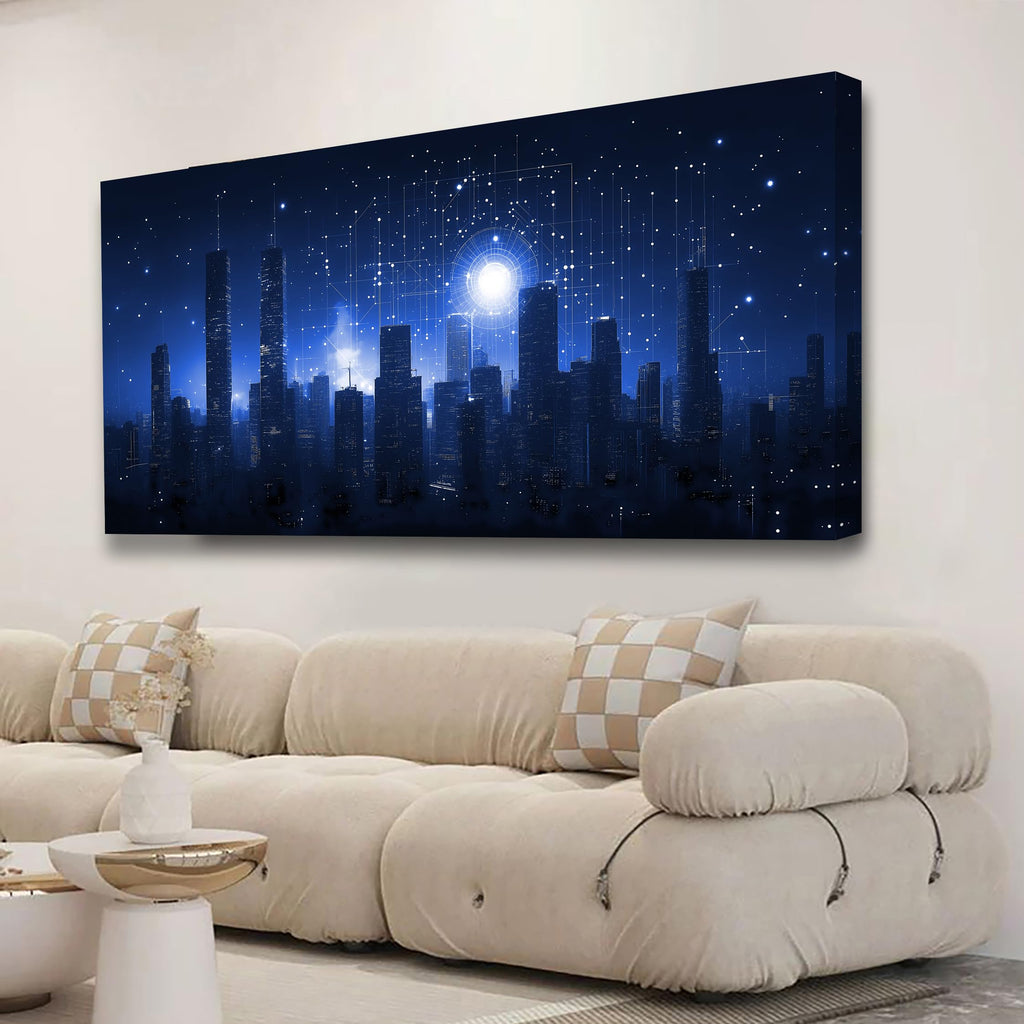 Night Stars City Wall Bedroom Wall Decor Living Room, Night Tall Buildings Canvas Wall Office Farmhouse Paintings