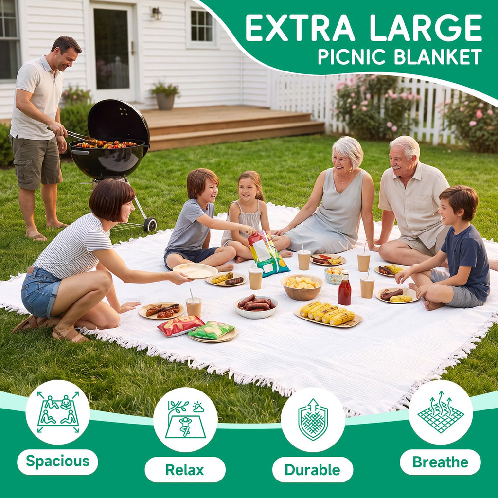 Extra Large Outdoor Boho Picnic Blanket Summer Woven Beach Mat Rectangle Tablecloth White Table Clothes Oversized XL