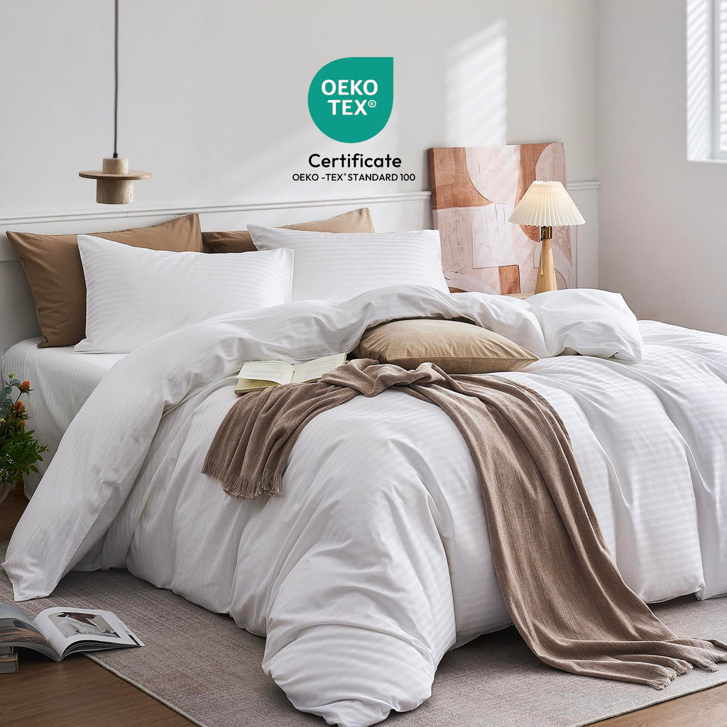 100% Cotton Sateen Striped Duvet Cover Set, White