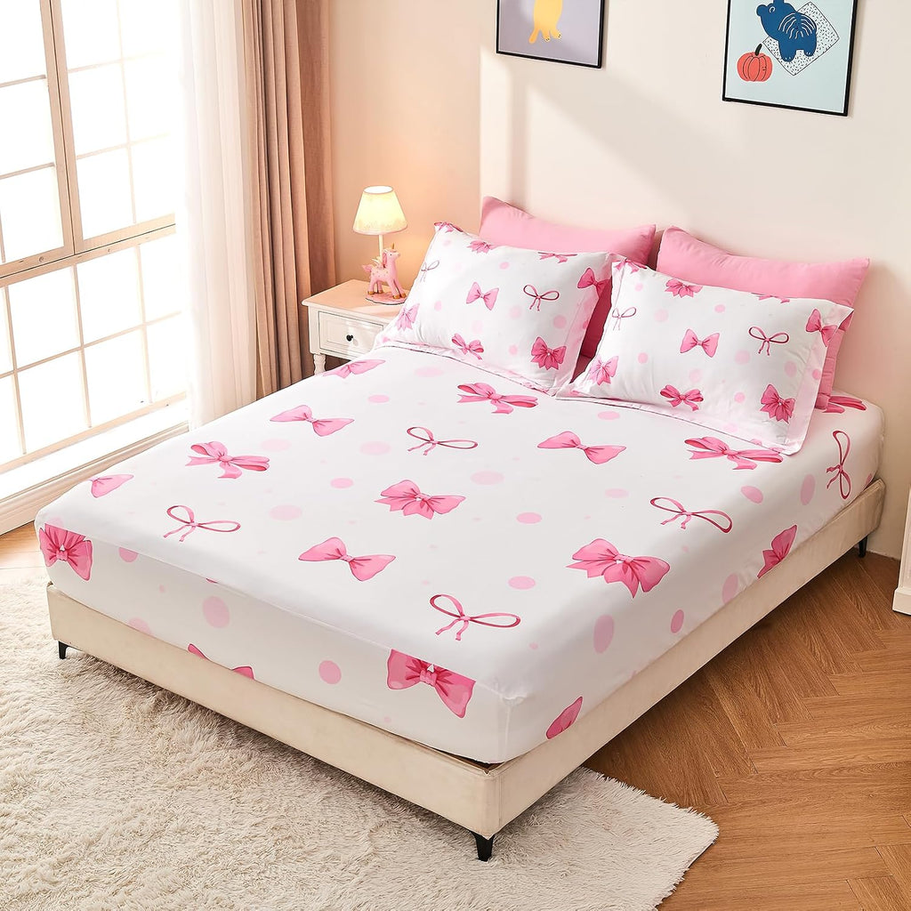 7 Piece Pink Bow Bedding Set for Girls Kids Twin Comforter Set with Sheet and 2 Pillowcases 2 Pillow Shams Cute Girls