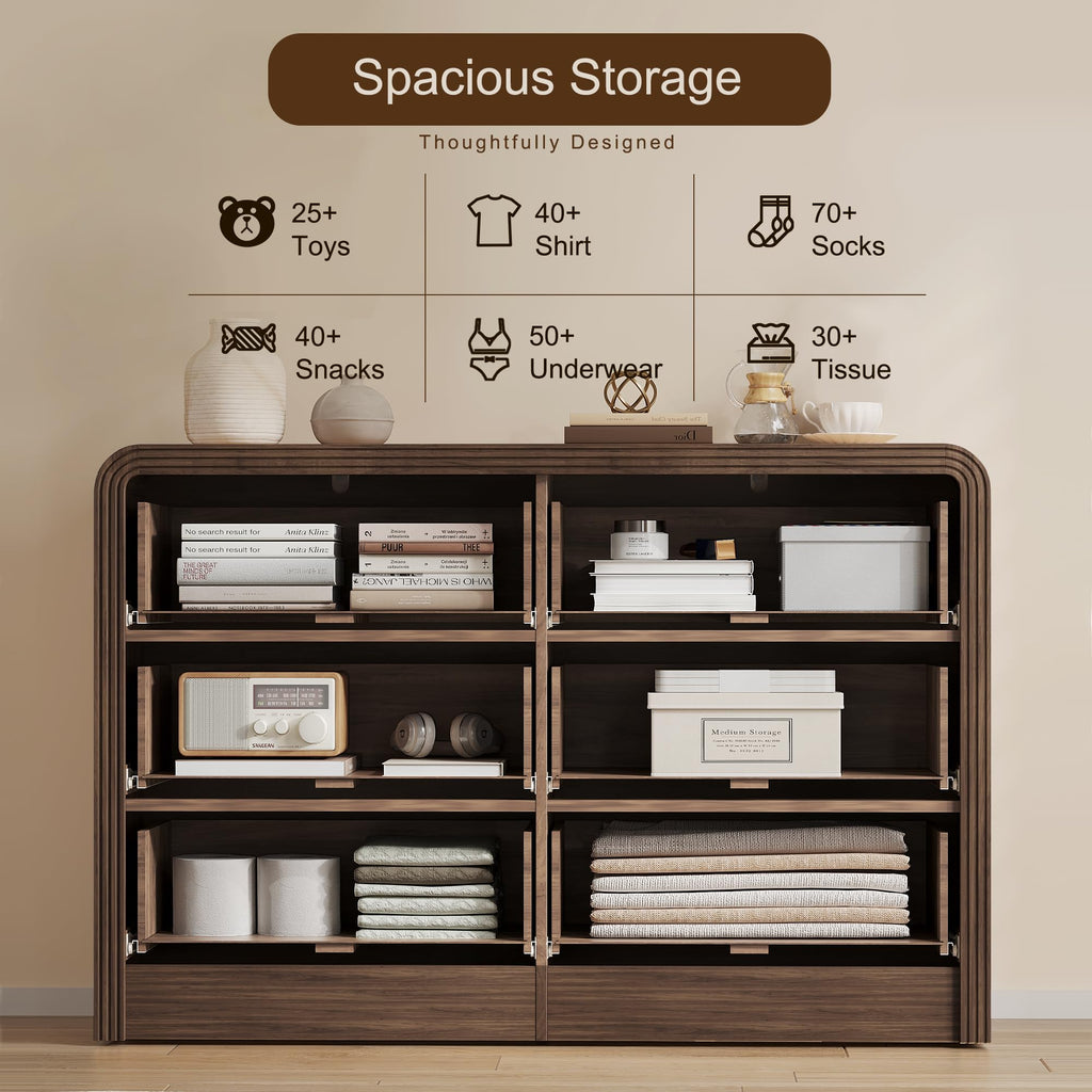 47" W Fluted 6-Drawer Dresser, Walnut