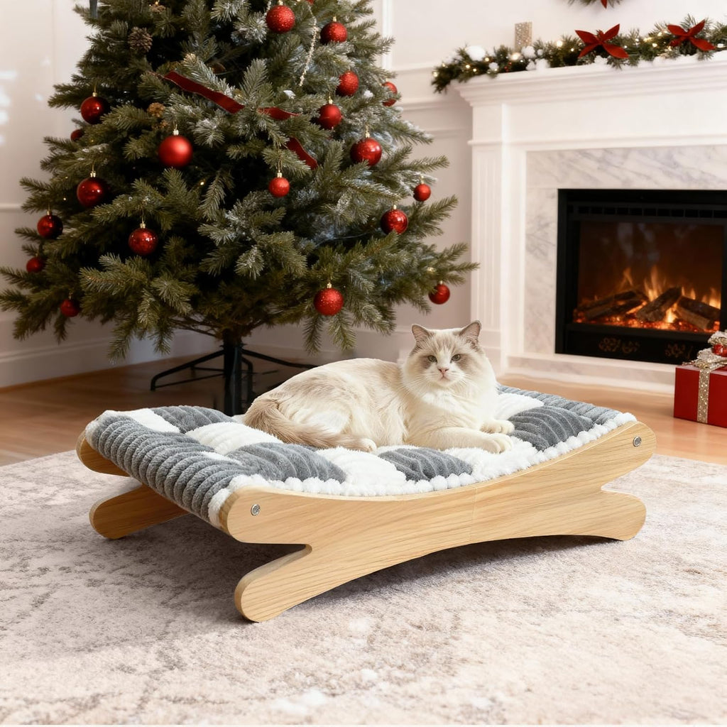Plush Elevated Cat Bed - Cozy Raised Cat Hammock with Solid Wood Frame, Soft Furry Cushion for Indoor Cats & Small