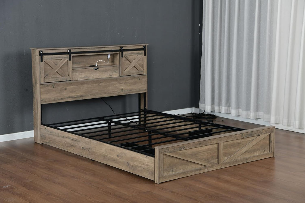 Farmhouse King Bed Frame with Sliding Barn Door Storage Headboard, LED Light and Charging Station, Wood Platform Bed