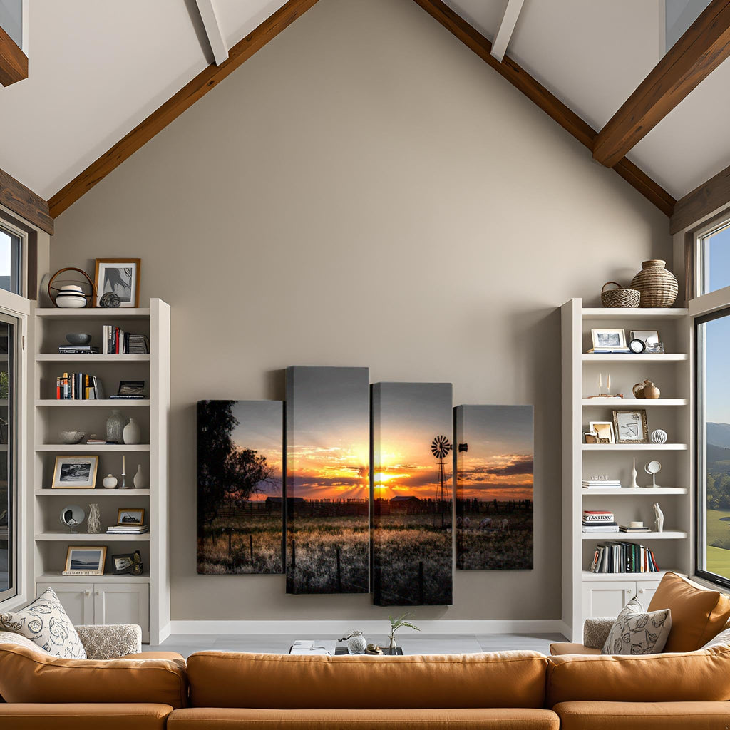 Farm Landscape Pictures Wall Art Decor Rustic Farmhouse Windmill at Sunset Scenery Photograph Painting Giclee Print