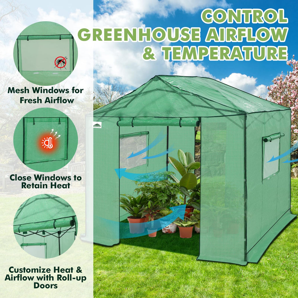 10x10 Pop Up Walk in Greenhouse, Support Pole, Gable Roof, Green