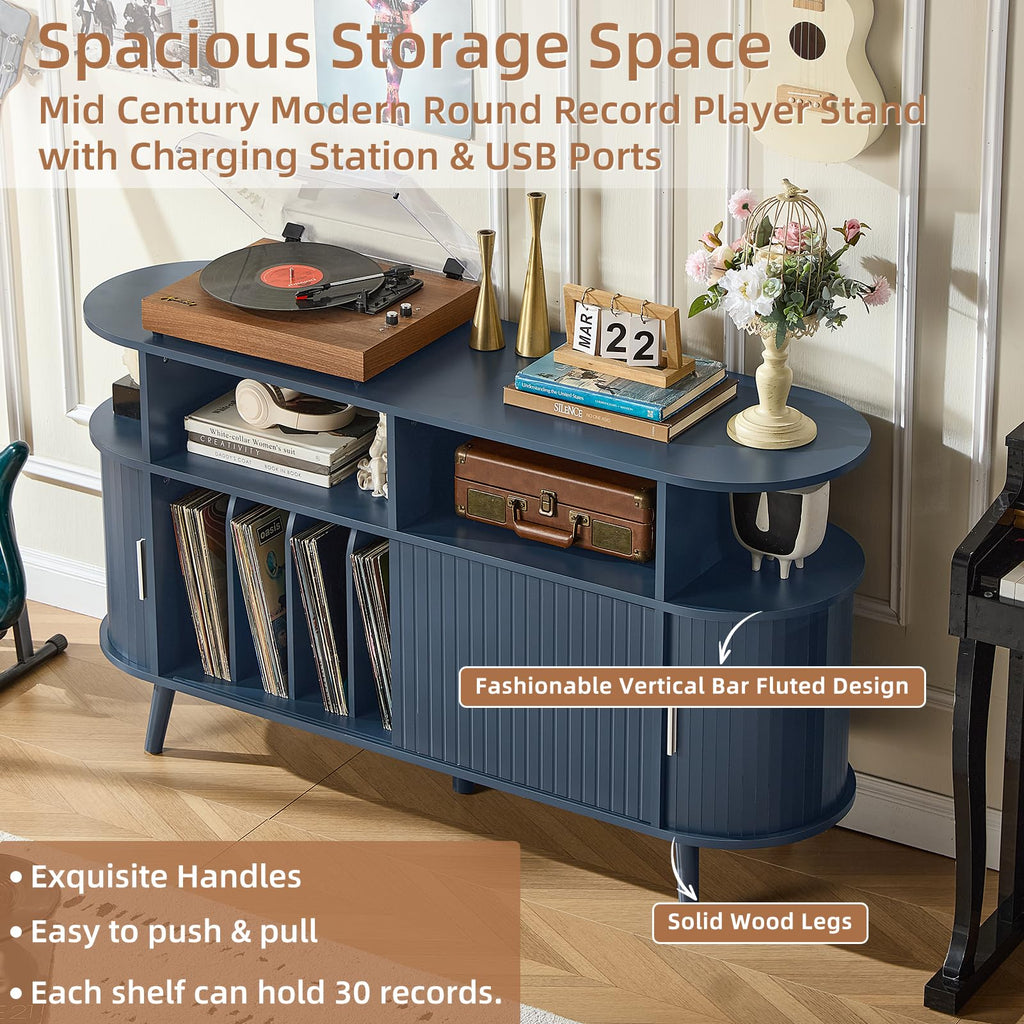 Extra Large Round Record Player Stand with Charging Station