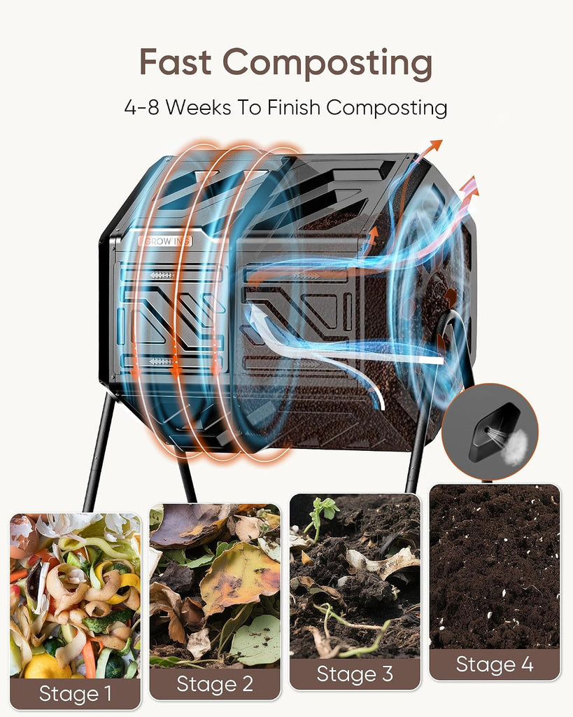THE Growing 43 Gal Outdoor Compost Bin Tumbler for Backyard Garden, Black | Twin 21.5gal heat-absorbing chambers.