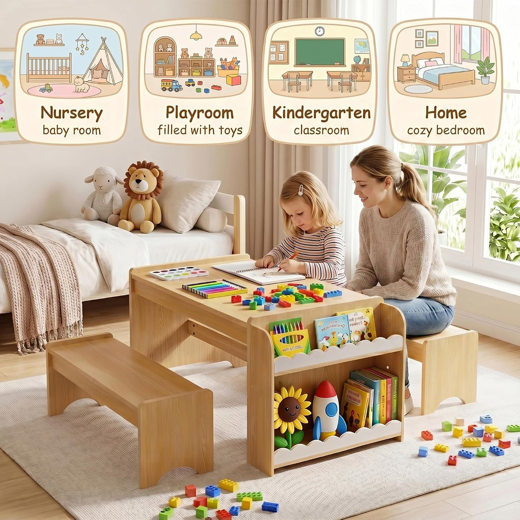 Kids Table and Bench Set, Montessori Kids Table and Chair Set, Indoor Wooden Toddler Activity Table with Bookshelves