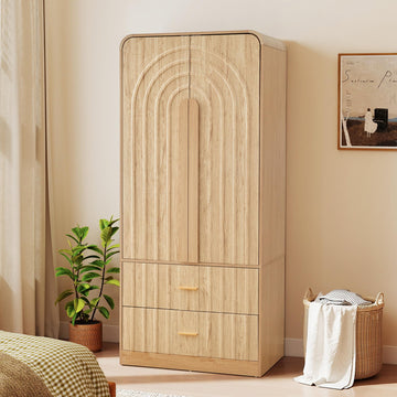 Freestanding Armoire Wardrobe Closet with Arched Fluted 2 Doors and 2 Storage Drawers, Large Capacity Wardrobe
