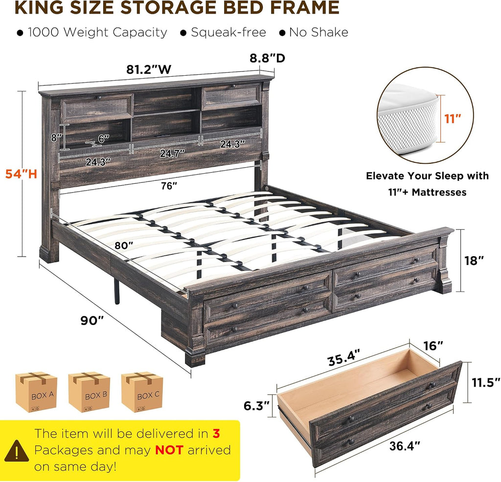 Farmhouse King Bed Frame with 54" Tall Headboard, Headboard with 4 Storage Rack, 2 Drawers, 18" Roman Column