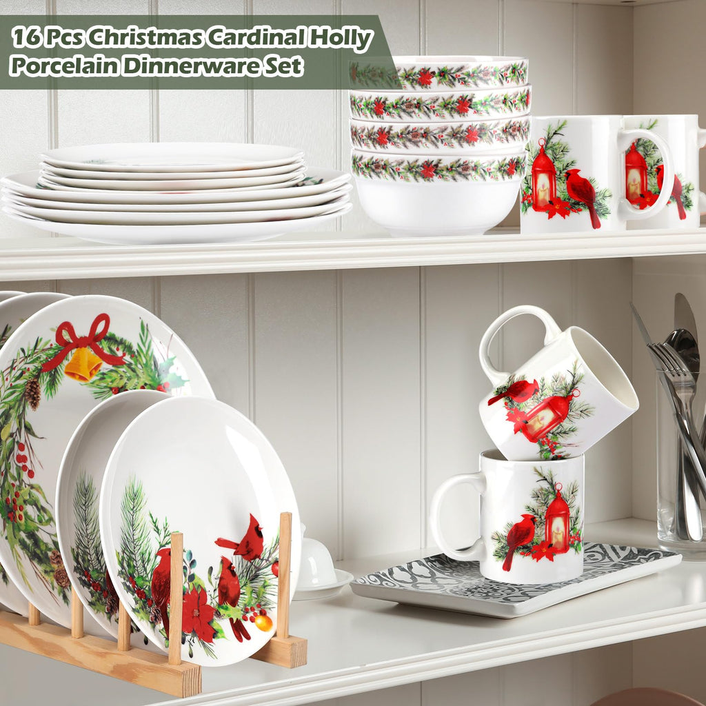 16 Pcs Christmas Cardinal Dinnerware Set Floral Dinnerware Ceramic
