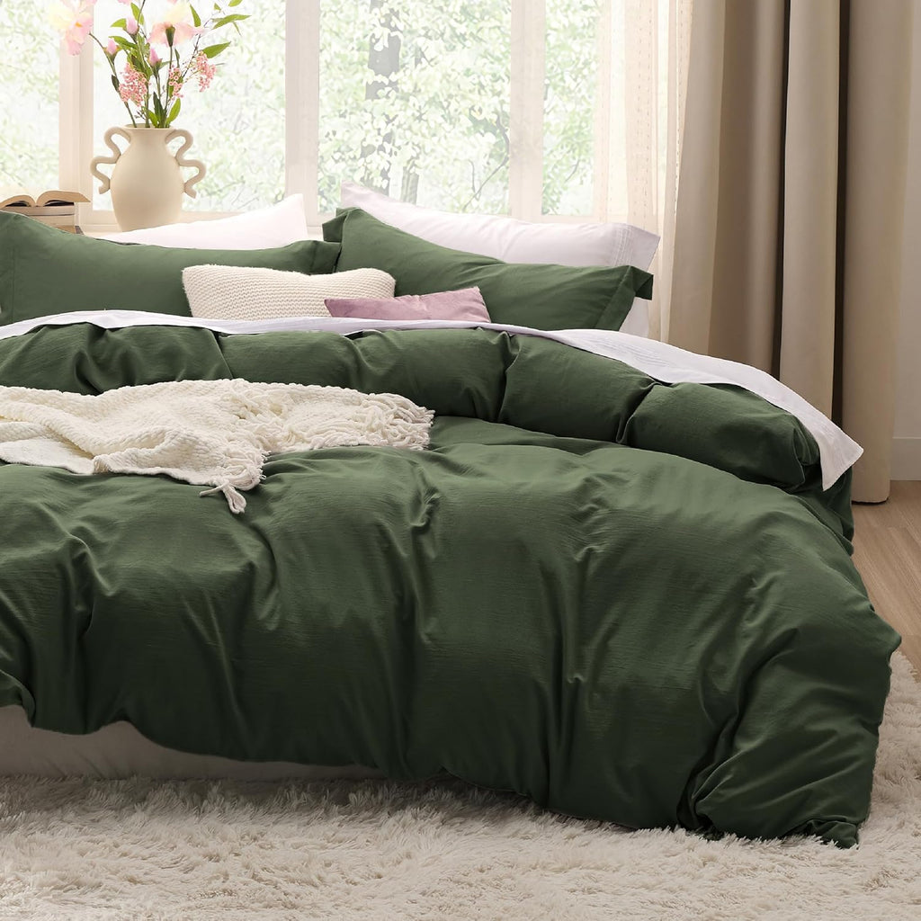Olive Green Duvet Cover King - 3 Pieces Prewashed Cotton-Like Polyester Extra Soft Bedding Set, Includes 1 Duvet