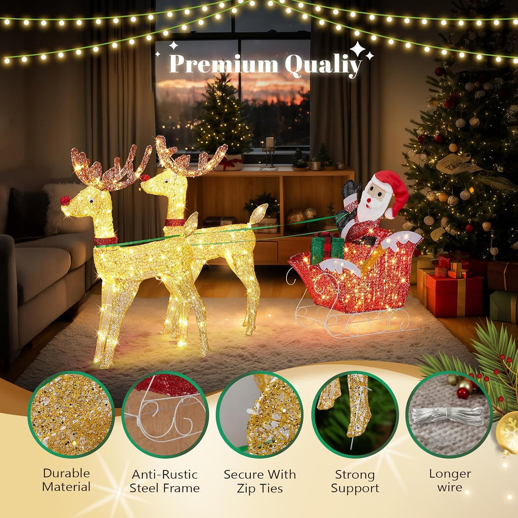 6FT Lighted Christmas Reindeer and Sleigh Outdoor Decorations, 2 Reindeer Pulling Santa's Sleigh, Warm White LED